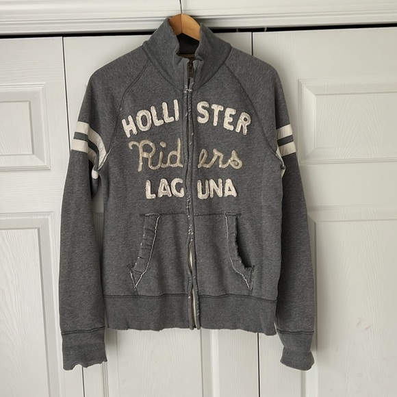 Hollister Riders Laguna Sweatshirt Zip Front Vintage Distressed Medium Gray Y2K - Picture 1 of 15